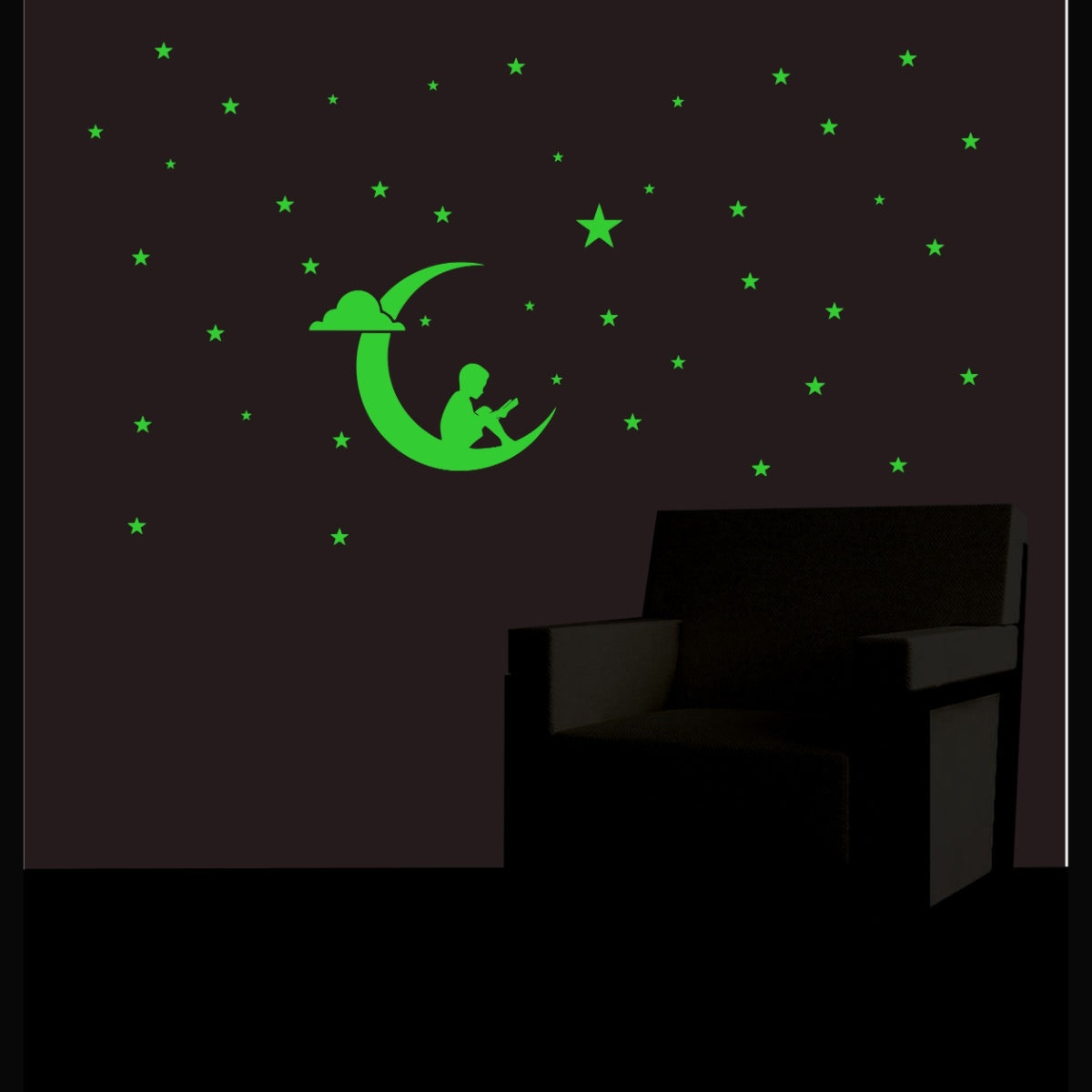 Green galaxy vinyl wall sticker, peel & stick, 105x59cm. Decorative celestial design brings calming, relaxing atmosphere to bedroom or living space