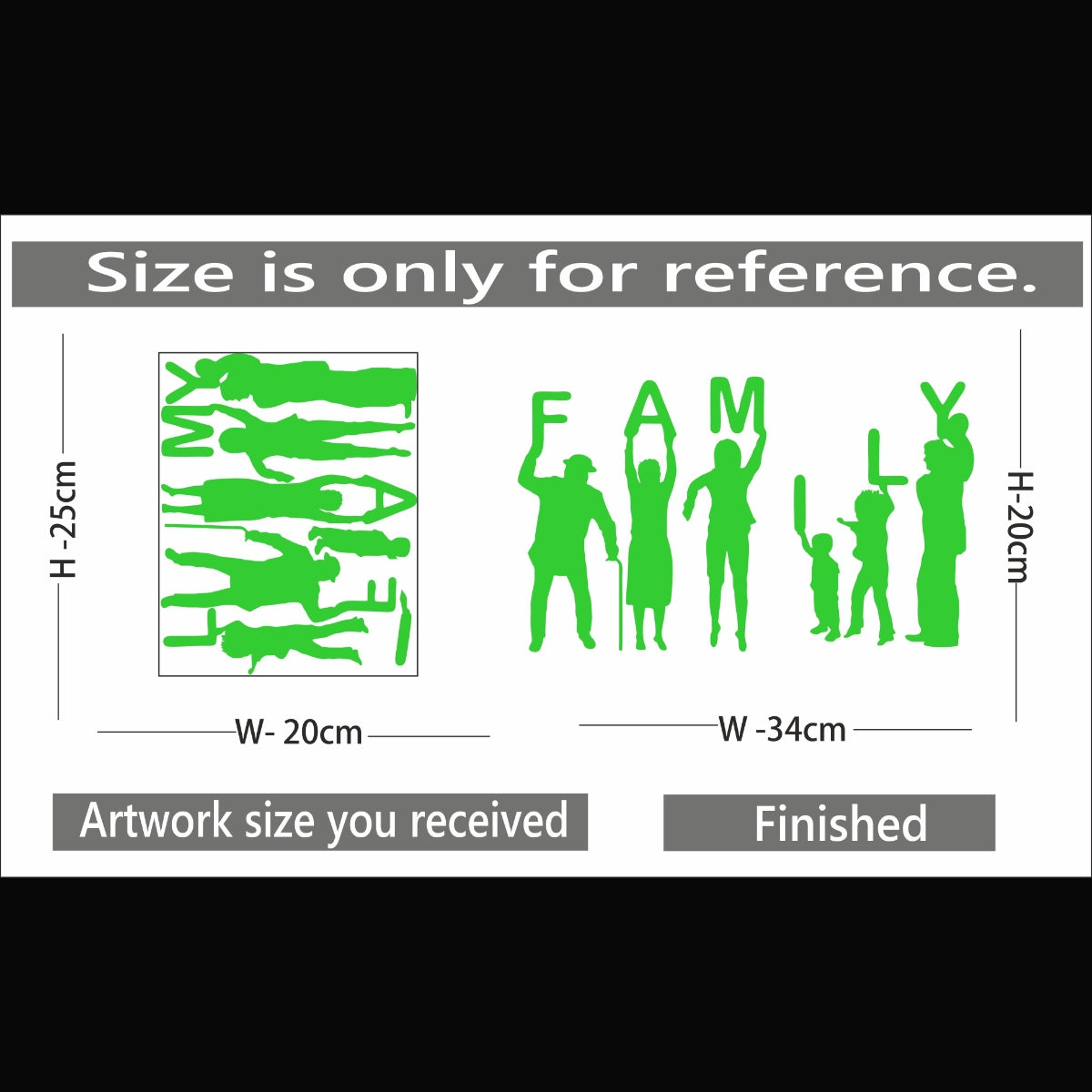 Green vinyl peel-and-stick family radium wall decal (34x20cm), promoting relaxation and reducing need for electric lights