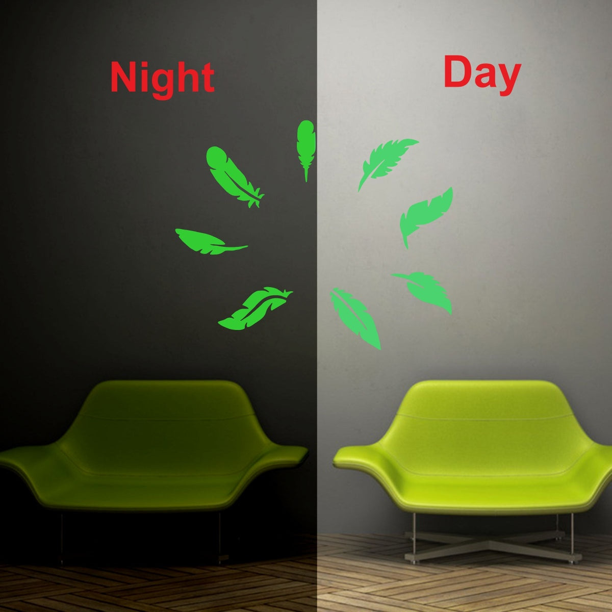 Green leaf radium vinyl peel-and-stick wall decal, 56X45cm, promoting relaxation and reduced need for electric lights