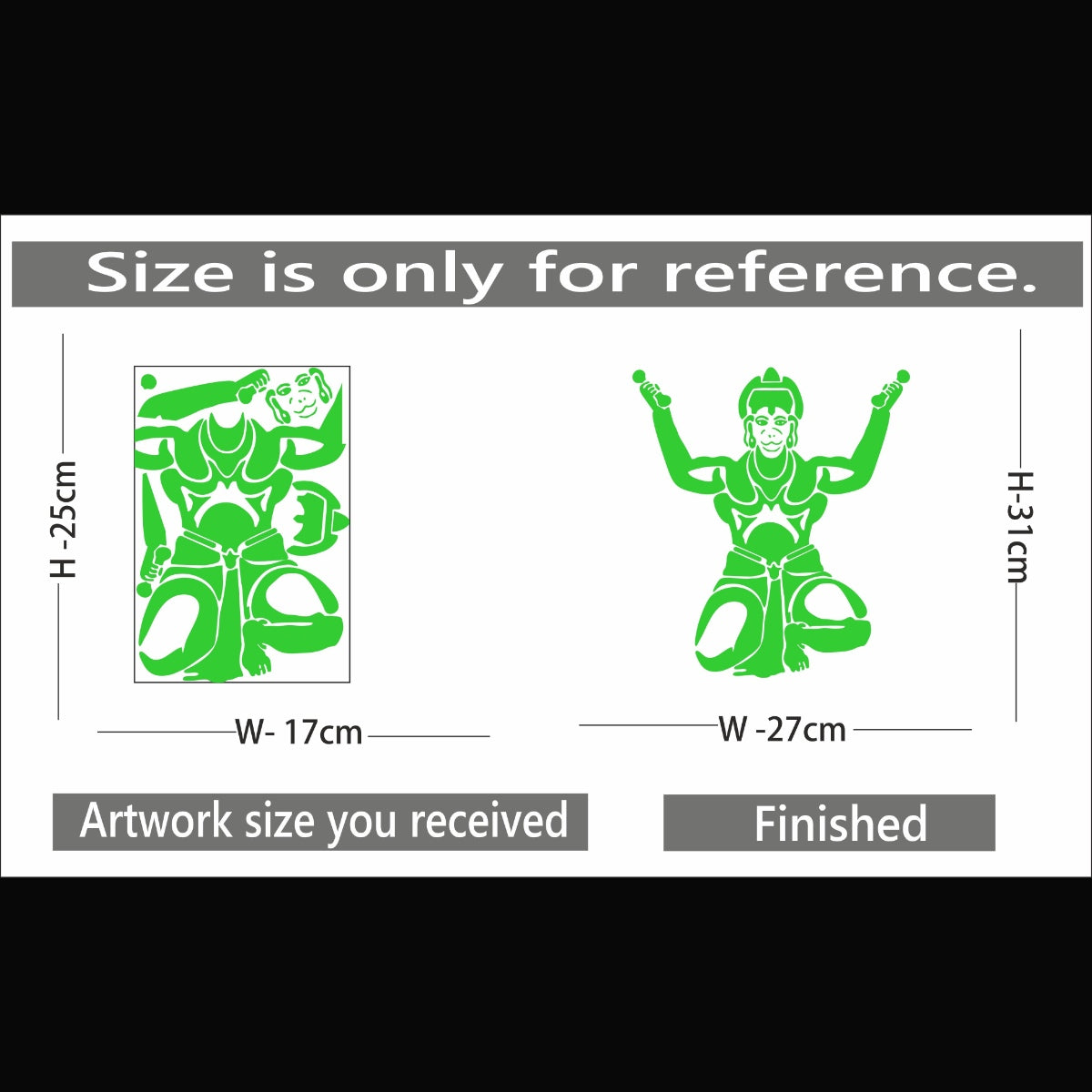 Green vinyl Hanuman Ji radium wall sticker, peel-and-stick, 27x31cm decorative religious item for dark spaces