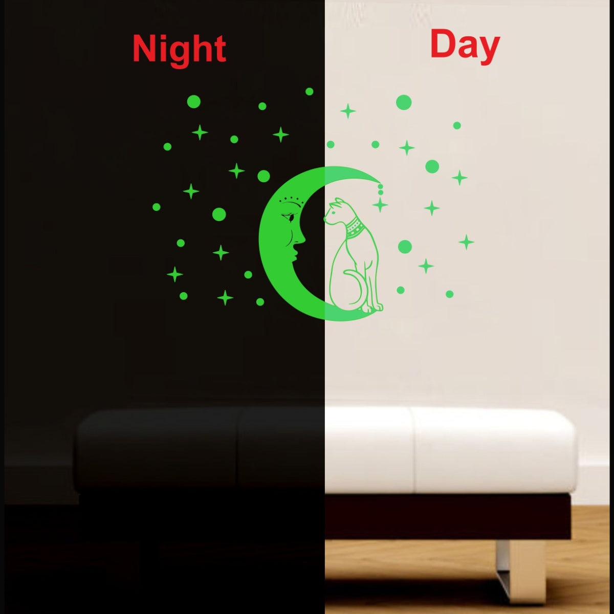 Green vinyl galaxy wall sticker with radium night glow, peel-and-stick, 61x37cm, relaxing and calming decor