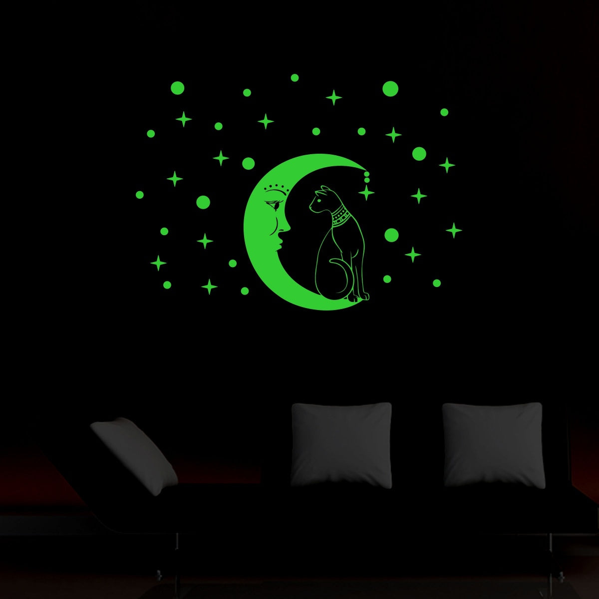 Green galaxy vinyl wall sticker with radium night glow, peel and stick, 61x37cm. A relaxing and calming light source for bedroom decor