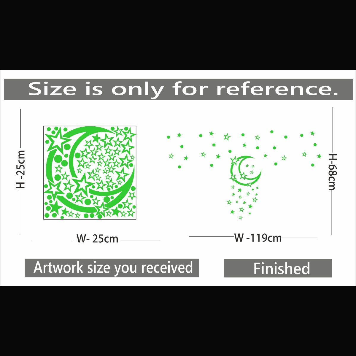 Green vinyl galaxy star wall sticker with moon, peel-and-stick, 119x68cm, energy-saving decor