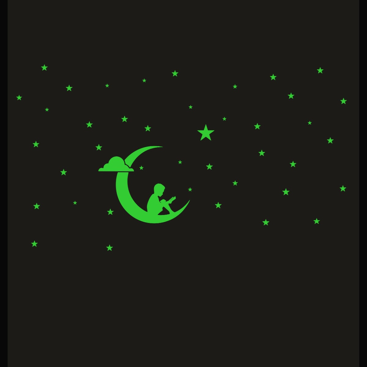Green galaxy vinyl wall sticker, peel and stick, 105x59cm. Depicts stars with moon, providing a relaxing and calming light source