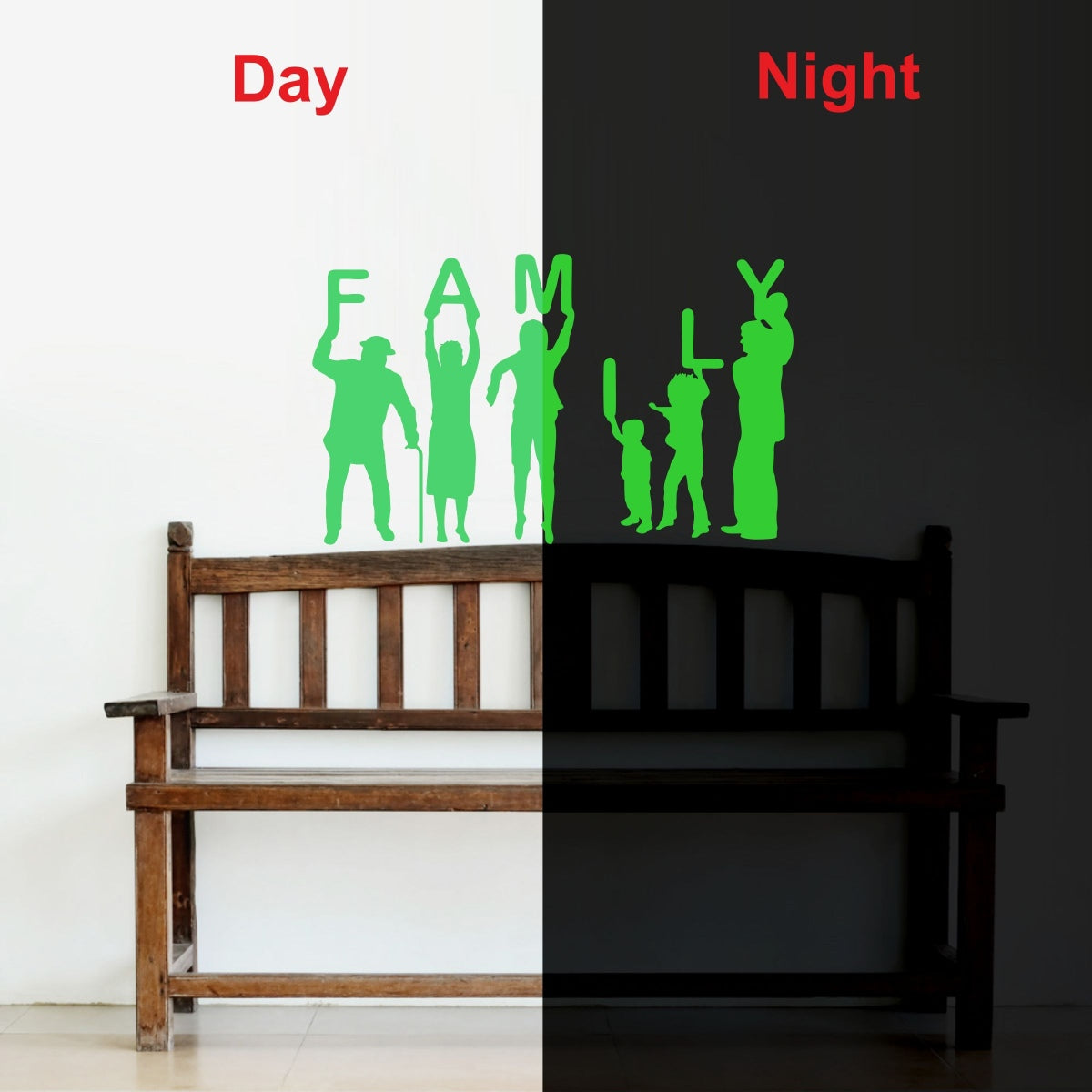Green vinyl peel-and-stick family radium wall sticker, size 34x20cm, energy-saving decoration for a relaxing, calming bedroom