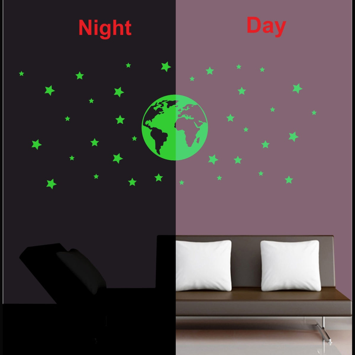 Green vinyl star and earth decorative radium sticker, peel-and-stick for calming wall decor, size 96x41cm