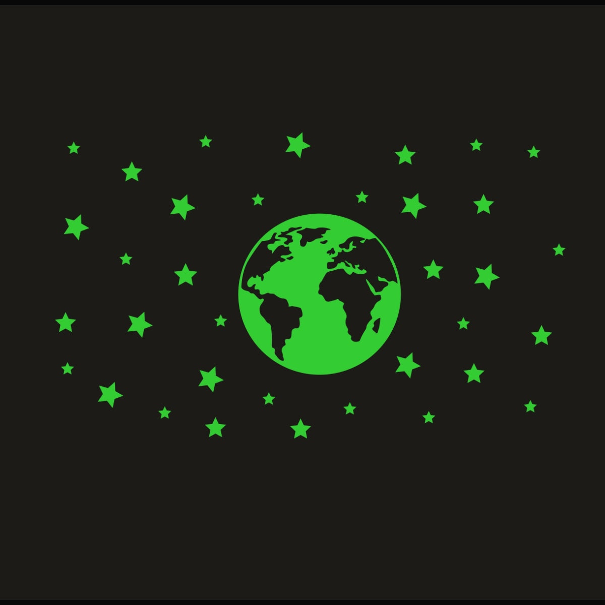 Green vinyl star and earth decorative radium sticker for wall, peel-and-stick design, size 96x41cm