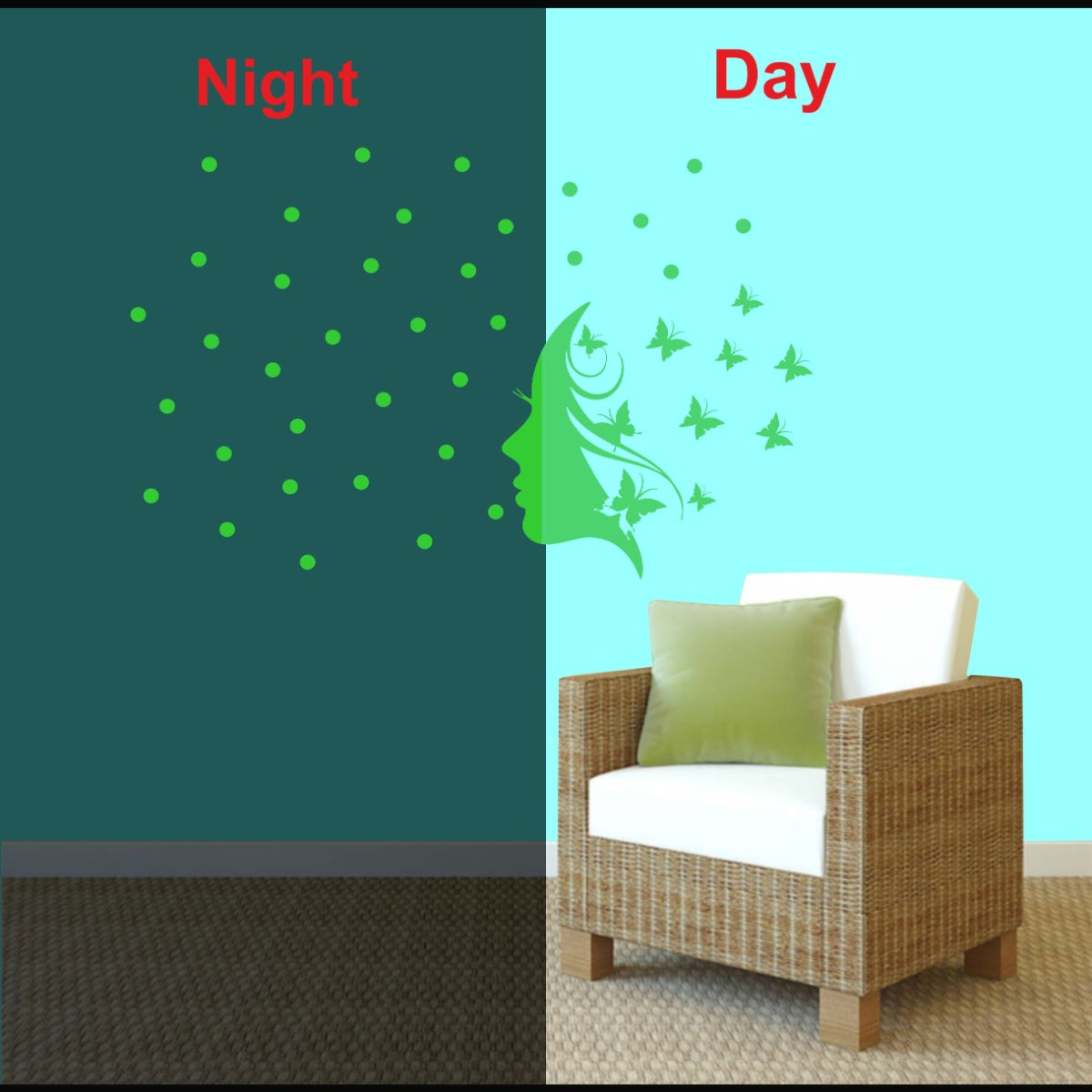 Green Vinyl Peel And Stick Radium Wall Sticker, decorative and calming, avoids electric light sources