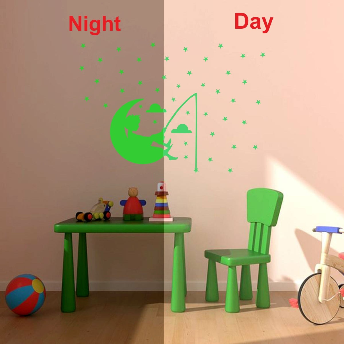 Green vinyl radium wall sticker for kid's room, peel-and-stick design, size 55x38cm, promotes a calming environment