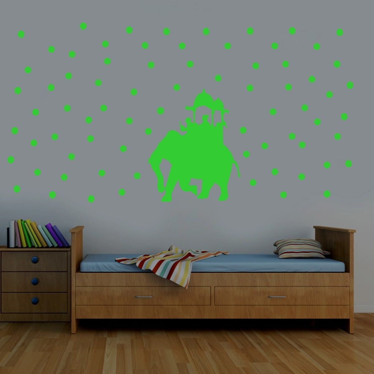 Green vinyl radium wall sticker for kids room decor, peel & stick, size 74x39cm, promotes relaxation and calm environment