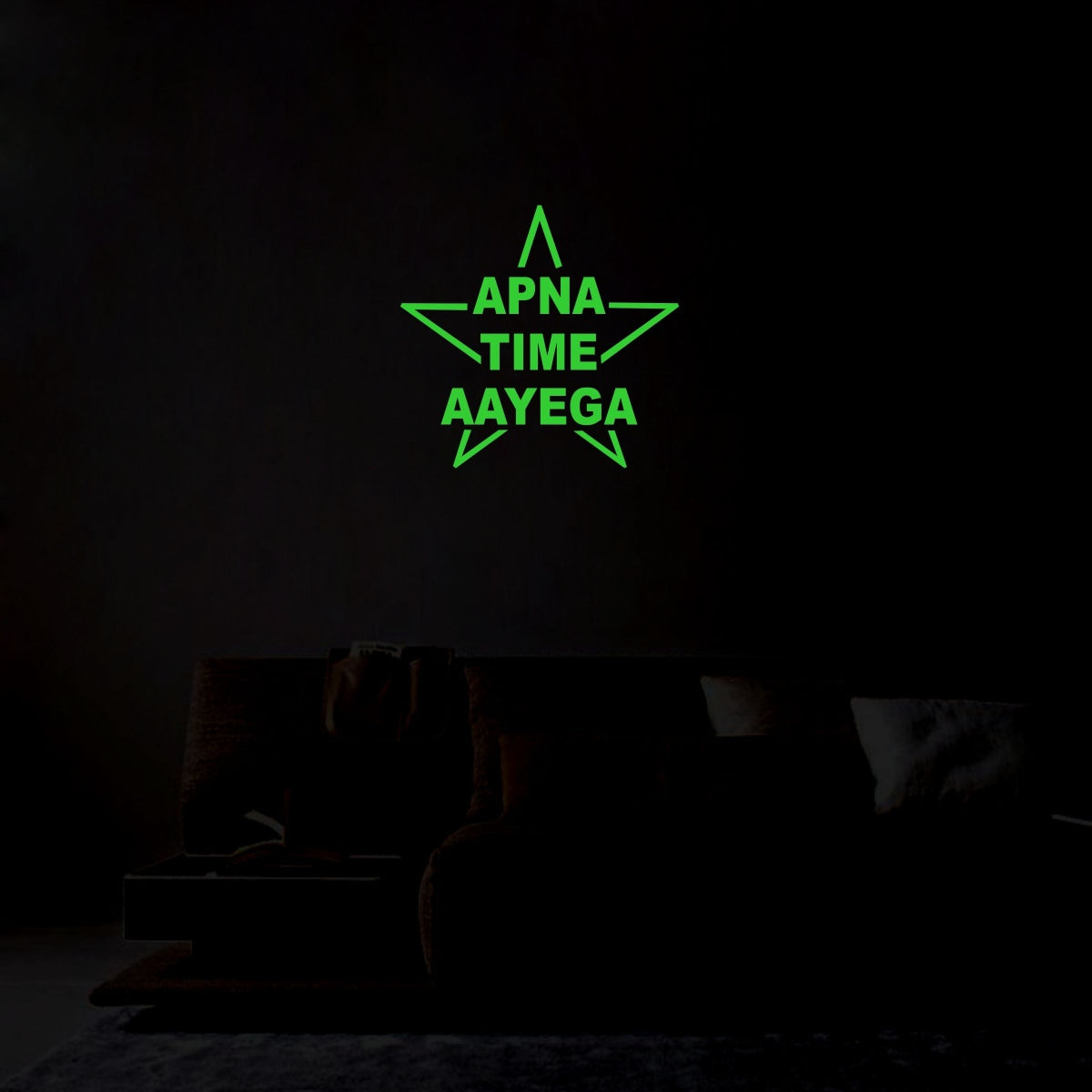 Green vinyl peel-and-stick poster, "Apna Time Aayega" Radium design, calming decor for your room (36x34cm)