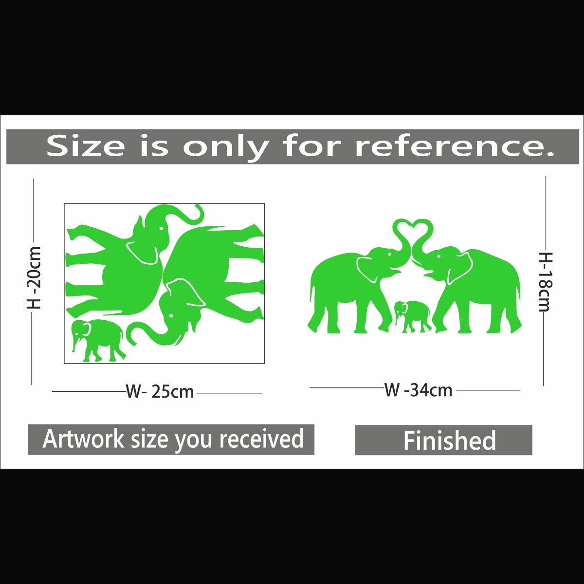 Green vinyl decorative elephant radium wall sticker, peel and stick, 34x18cm. A calming, light source alternative for your walls