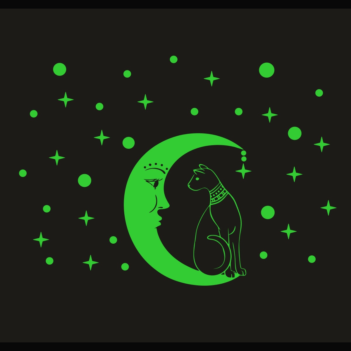 Green vinyl galaxy wall sticker with moon, peel-and-stick, 61x37cm, night glow