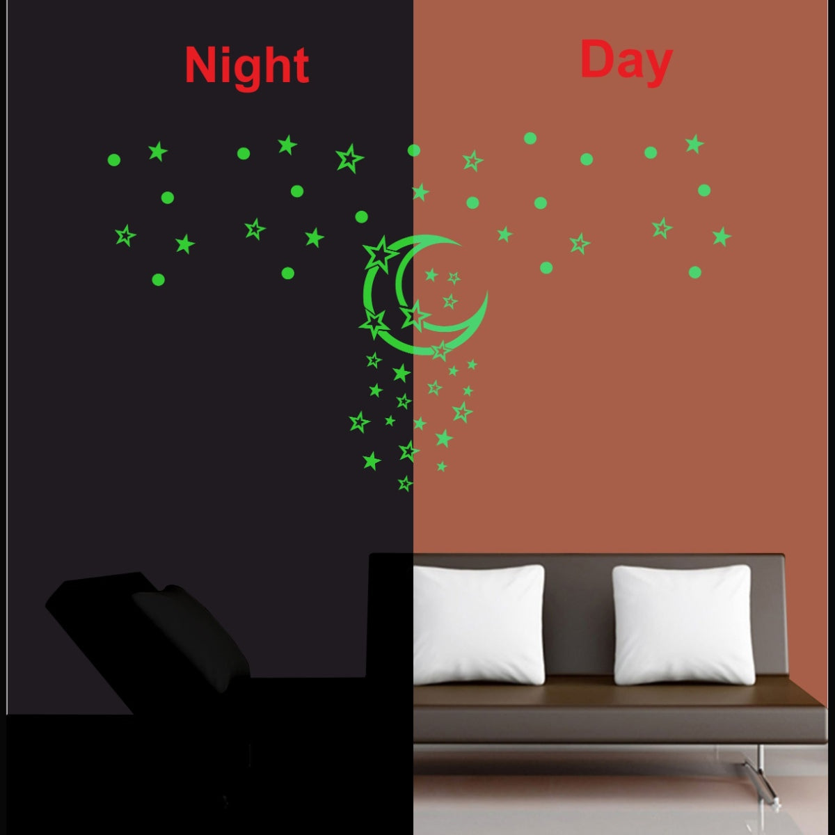 Green vinyl galaxy wall sticker with moon radium, peel-and-stick for calming, light source decor