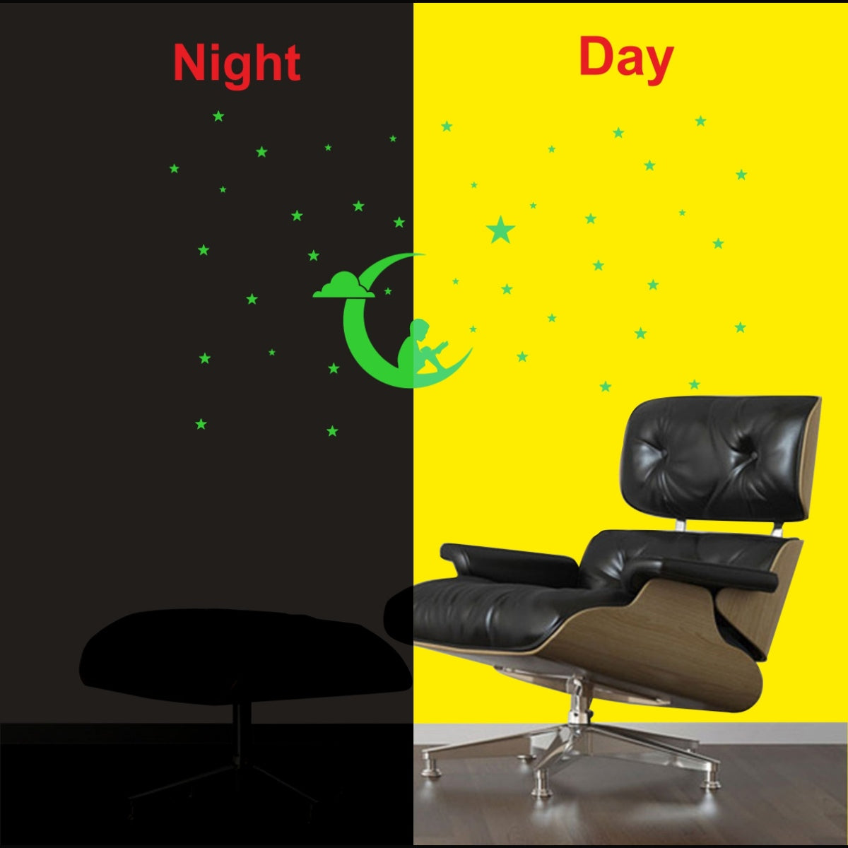Green vinyl wall sticker featuring a galaxy of stars with moon, peel-and-stick design, 105x59cm size, ideal for relaxing bedroom decor