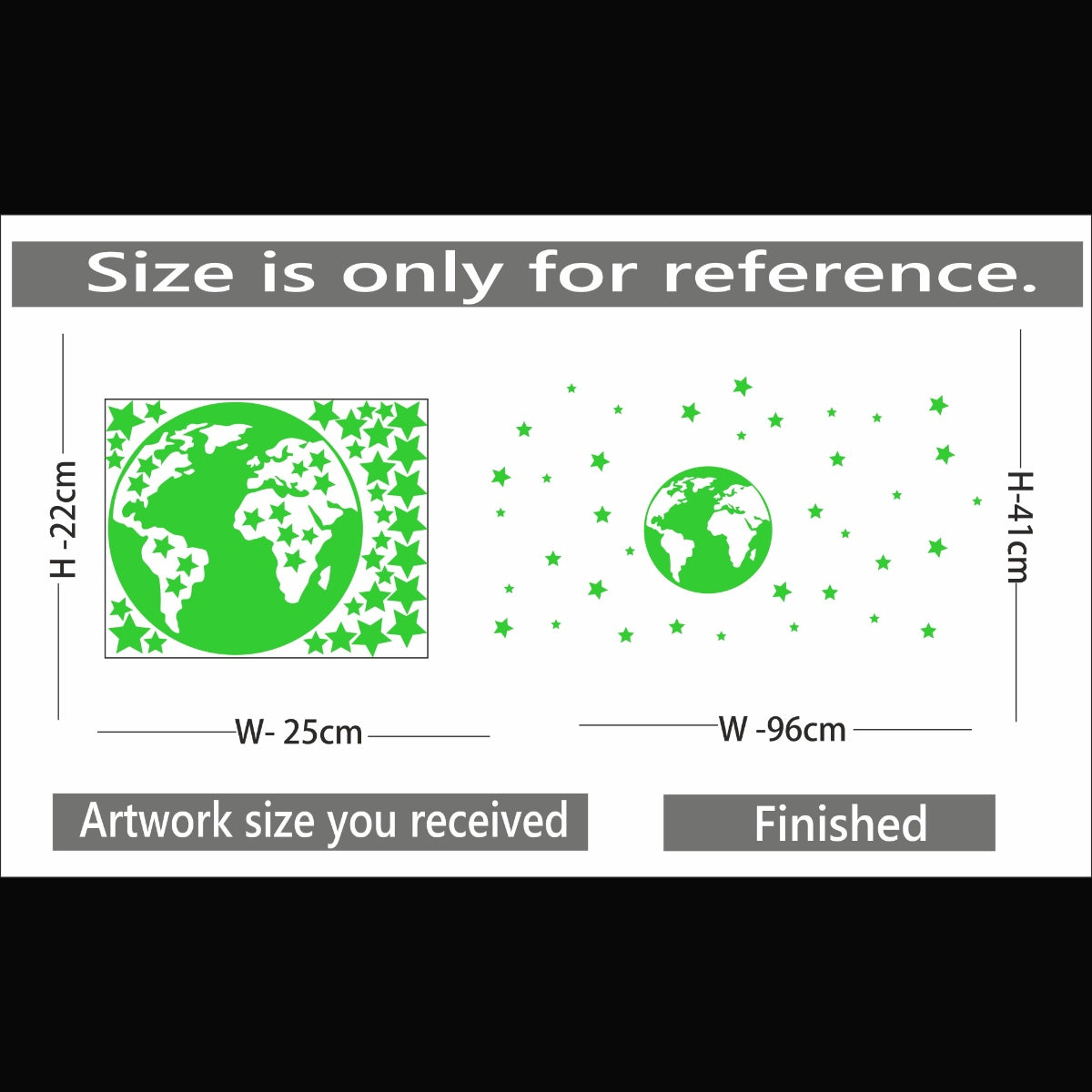 Green vinyl star and earth decorative radium sticker for wall, peel-and-stick, 96x41cm, promoting relaxation and avoiding disturbing light sources