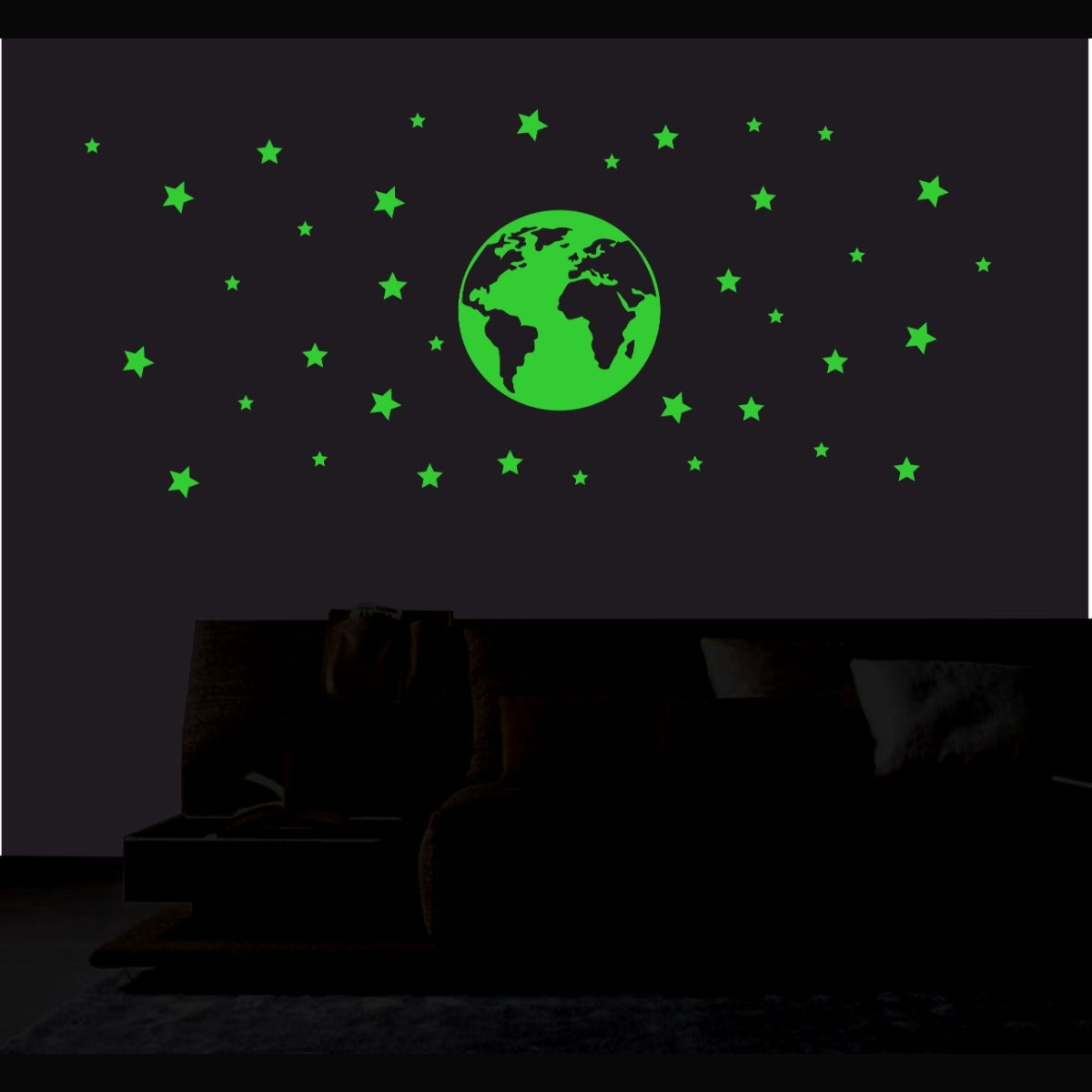 Green vinyl star and earth decorative radium sticker for wall, peel and stick, 96X41cm, promoting relaxation and avoiding electric light sources
