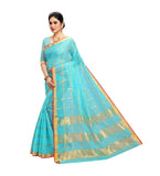 Women's Kota Doria Cotton Saree With Blouse (Sky Blue,6-3 Mtrs) - GillKart