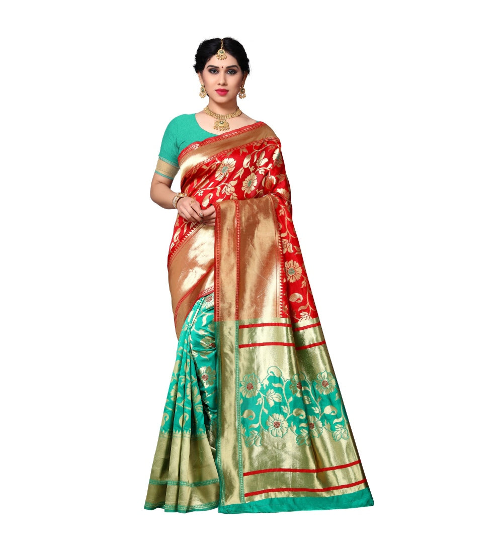 Women's Jacquard Silk Saree With Blouse (Green,6-3 Mtrs) - GillKart
