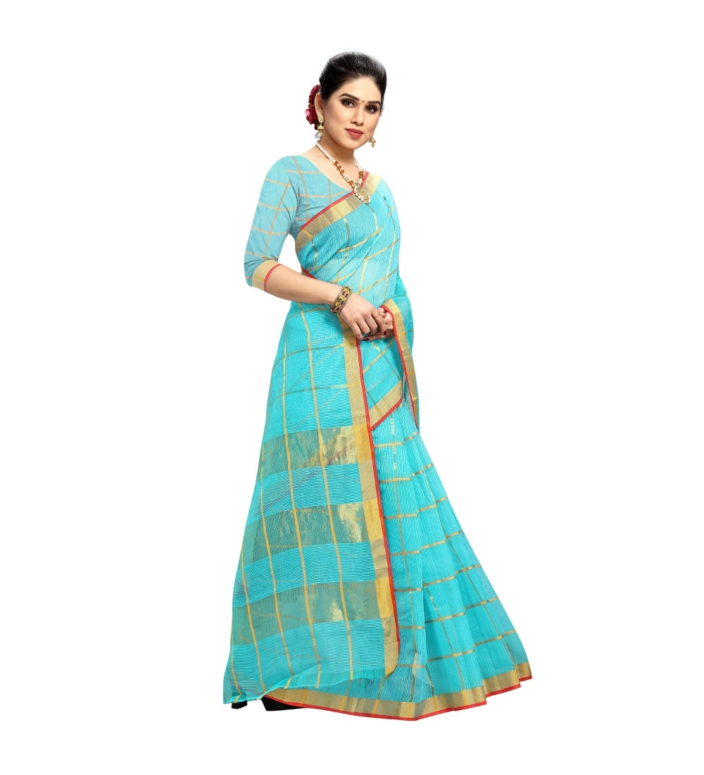 Women's Kota Doria Cotton Saree With Blouse (Sky Blue,6-3 Mtrs) - GillKart