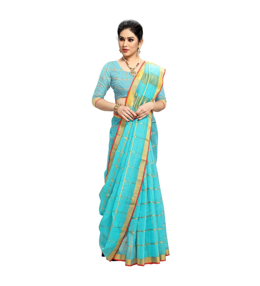 Women's Kota Doria Cotton Saree With Blouse (Sky Blue,6-3 Mtrs) - GillKart