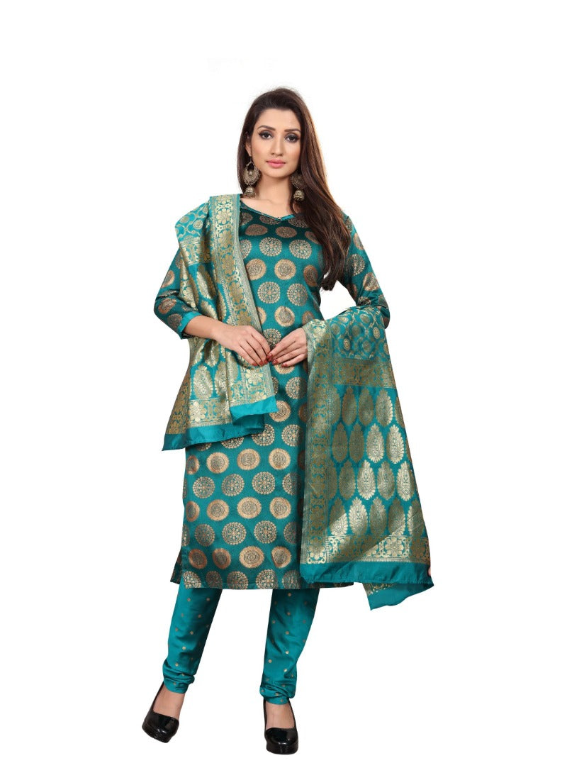 Women's Jacquard Silk Unstitched Salwar-Suit Material With Dupatta (Green,2-2.5Mtrs) - GillKart