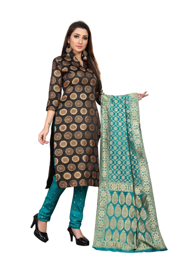 Women's Jacquard Silk Unstitched Salwar-Suit Material With Dupatta (Black,2-2.5Mtrs) - GillKart