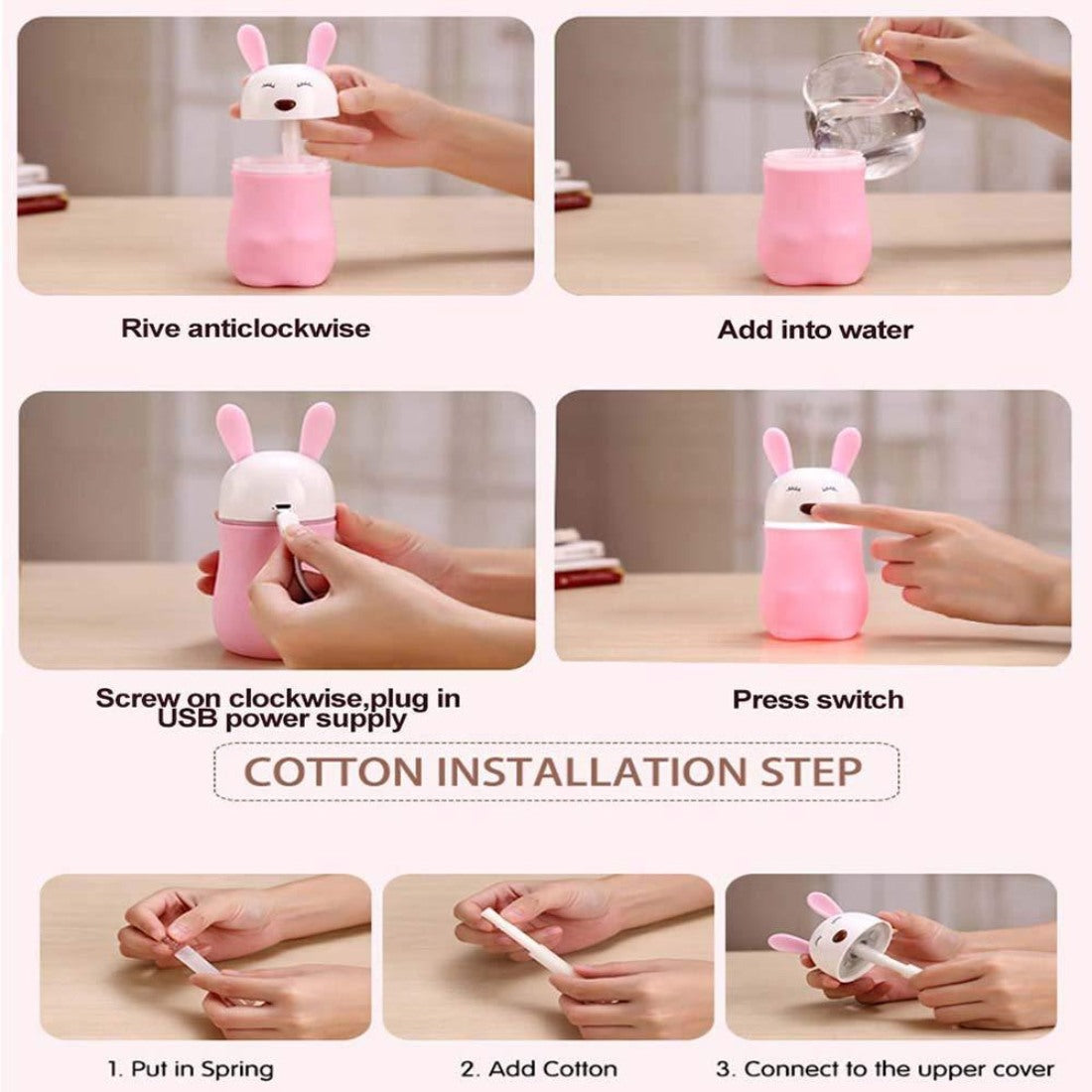 Assorted rabbit-shaped USB humidifier with LED lamp and aroma oil diffuser for car, home, or office use
