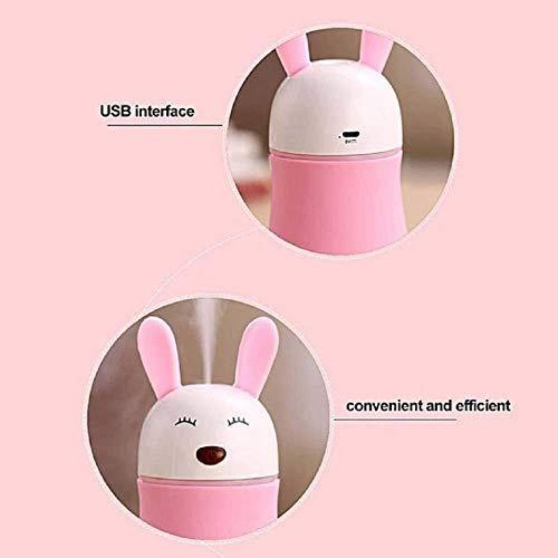 Assorted rabbit-shaped USB humidifier with LED lamp and aroma function for car, home, and office. Plugs in via USB cable, perfect for freshening air