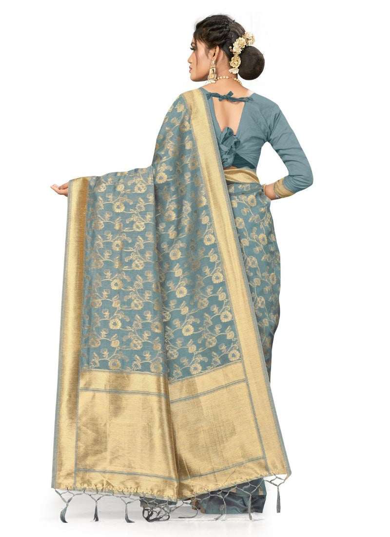 Women's Banarasi (Spun Cotton) Saree (Grey,5-6 Mtrs) - GillKart