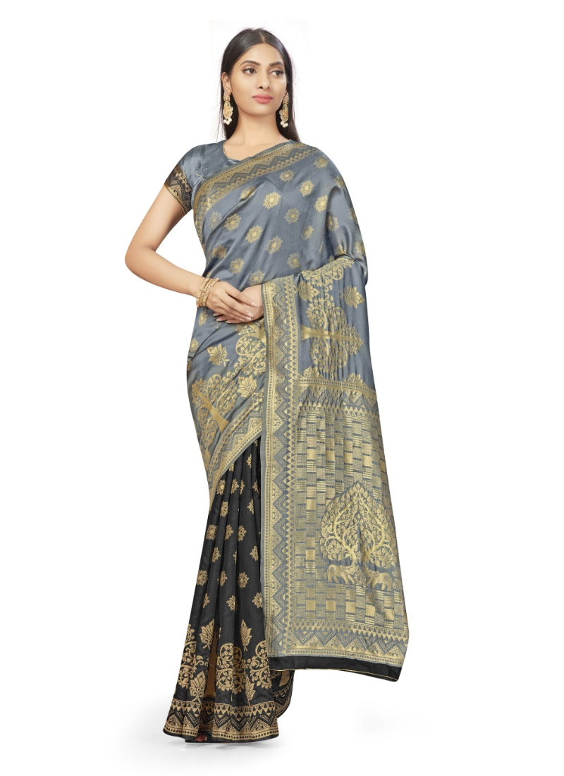 Women's Banarasi Silk Saree (Grey,Black,5-6 Mtrs) - GillKart