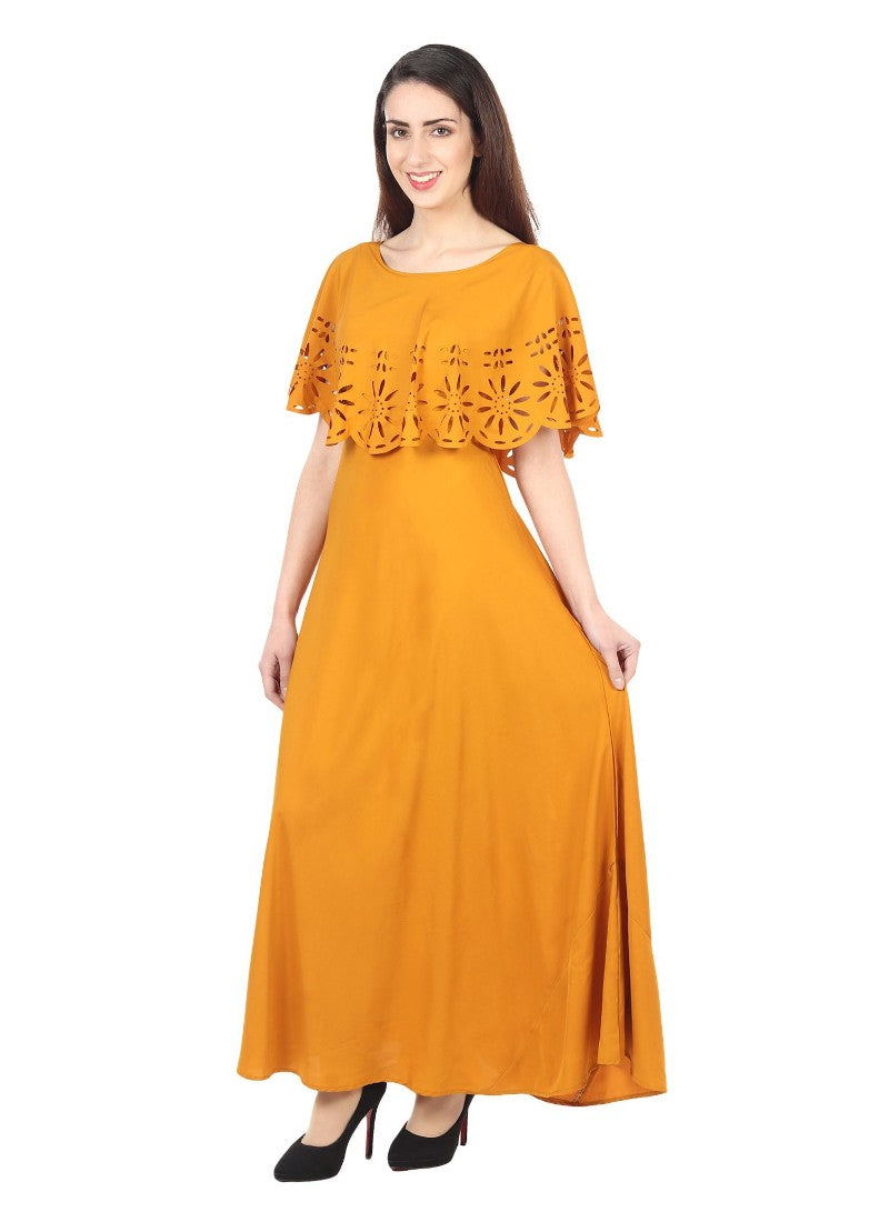 Women's Crepe Solid Sleeveless Full Length Gown(Yellow) - GillKart