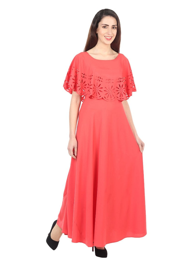Women's Crepe Solid Sleeveless Full Length Gown(Red) - GillKart