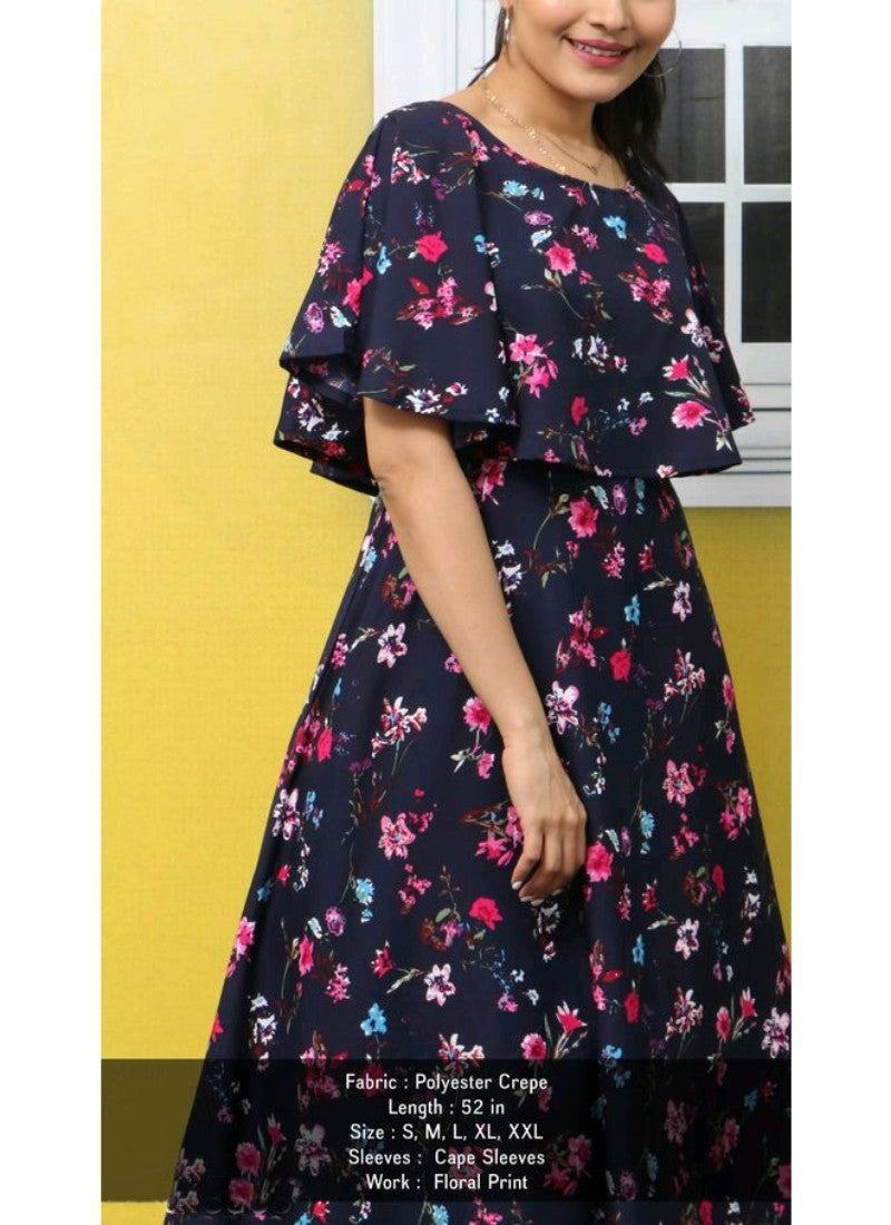 Women's Crepe Floral Half Sleeves Full Length Gown(Dark Blue) - GillKart