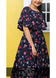 Women's Crepe Floral Half Sleeves Full Length Gown(Dark Blue) - GillKart