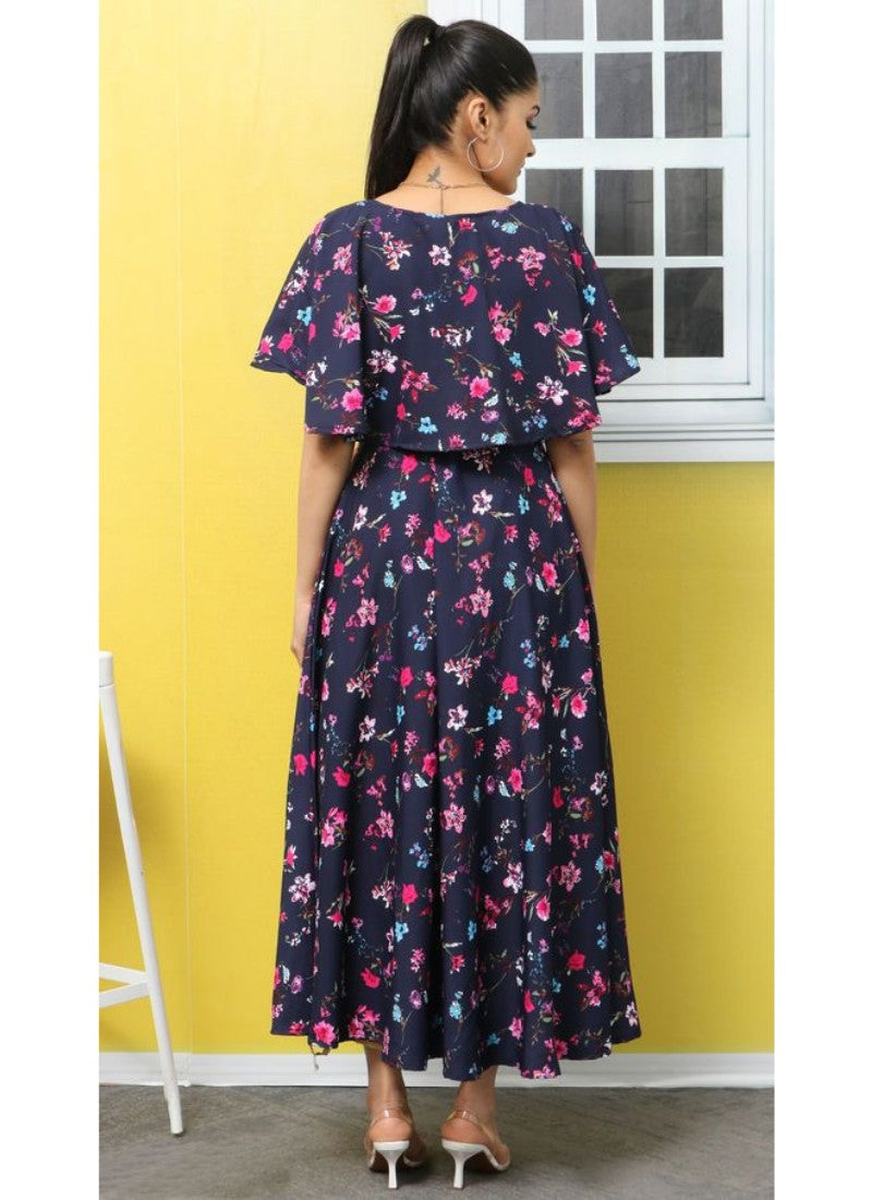 Women's Crepe Floral Half Sleeves Full Length Gown(Dark Blue) - GillKart