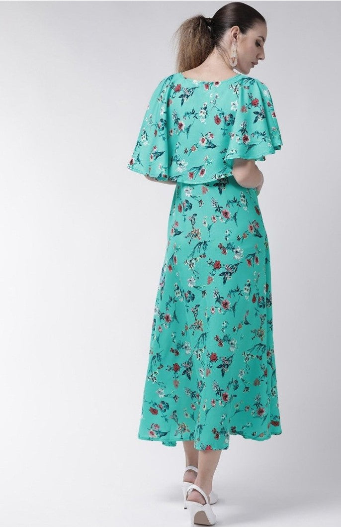 Womens crepe floral half sleeves full length gown, turquoise