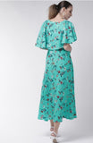 Womens crepe floral half sleeves full length gown, turquoise