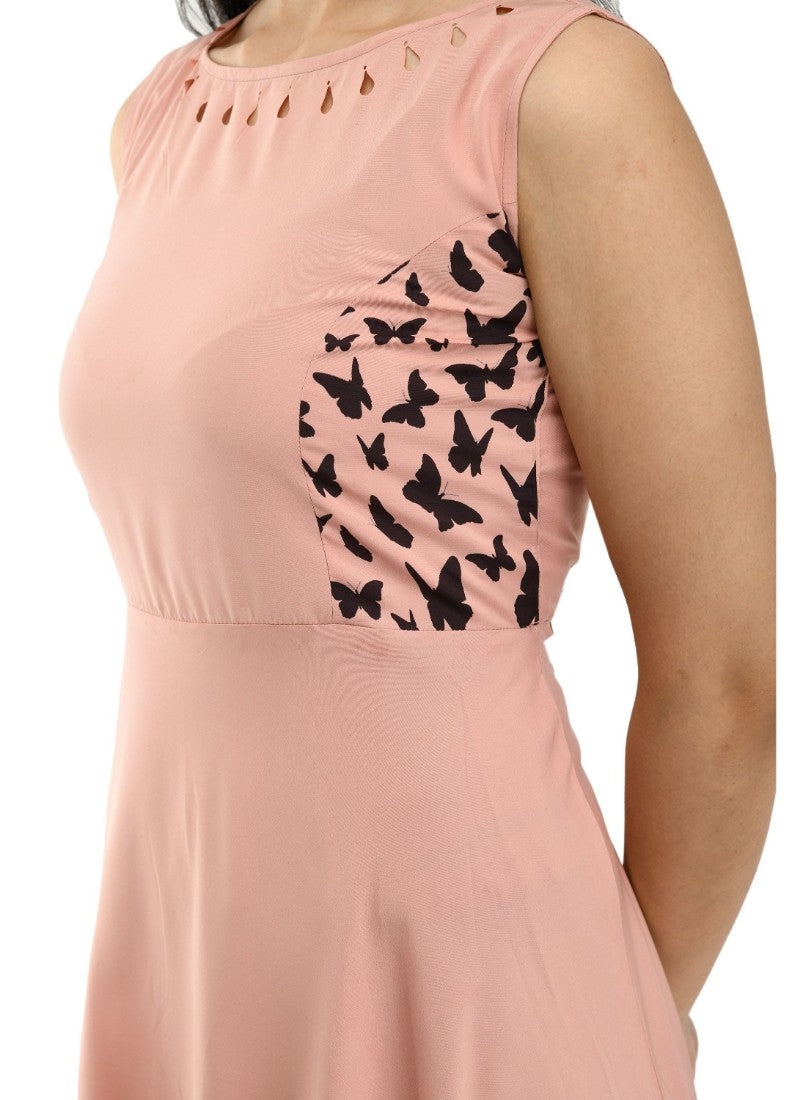 Women's crepe sleeveless full length gown in light peach, light peach crepe fabric