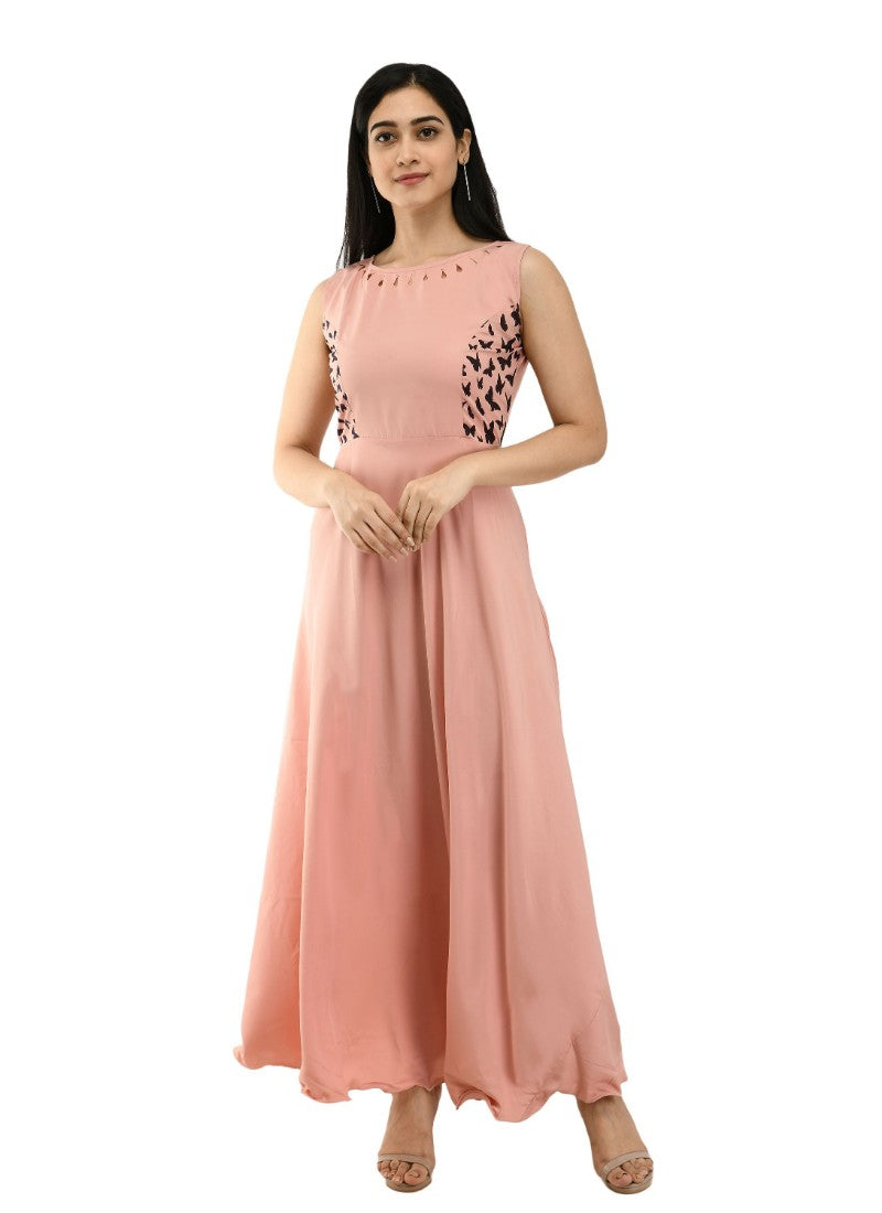 Light peach crepe women's full-length sleeveless gown