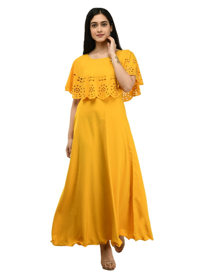 Women's Crepe Solid Sleeveless Full Length Gown(Yellow) - GillKart