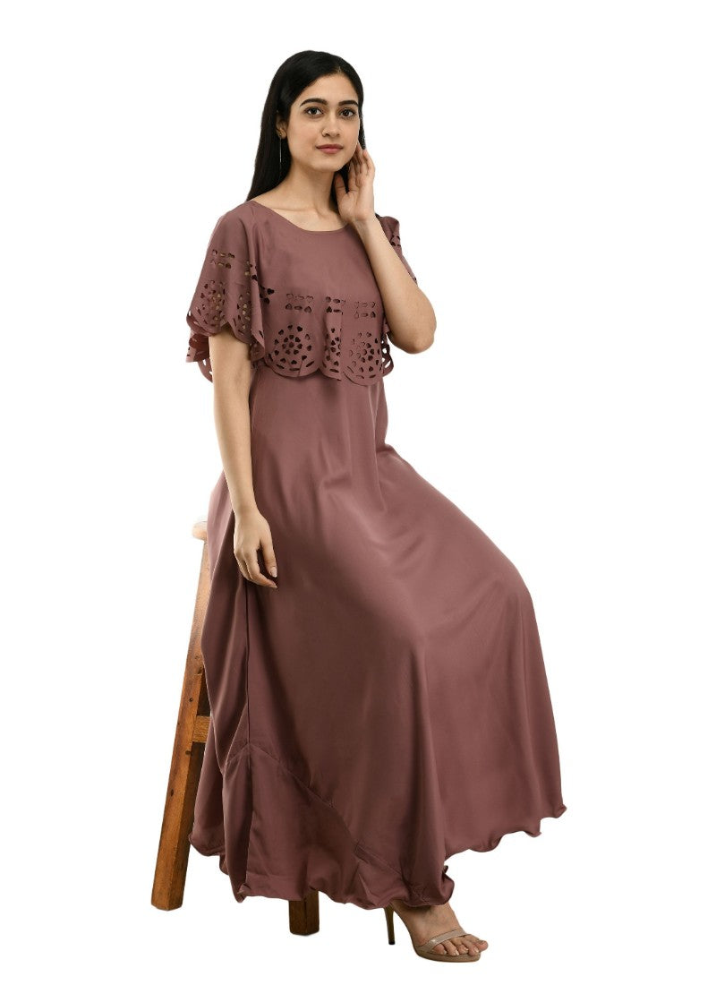 Brown crepe material, womens, full length gown, sleeveless