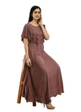 Brown crepe material, womens, full length gown, sleeveless