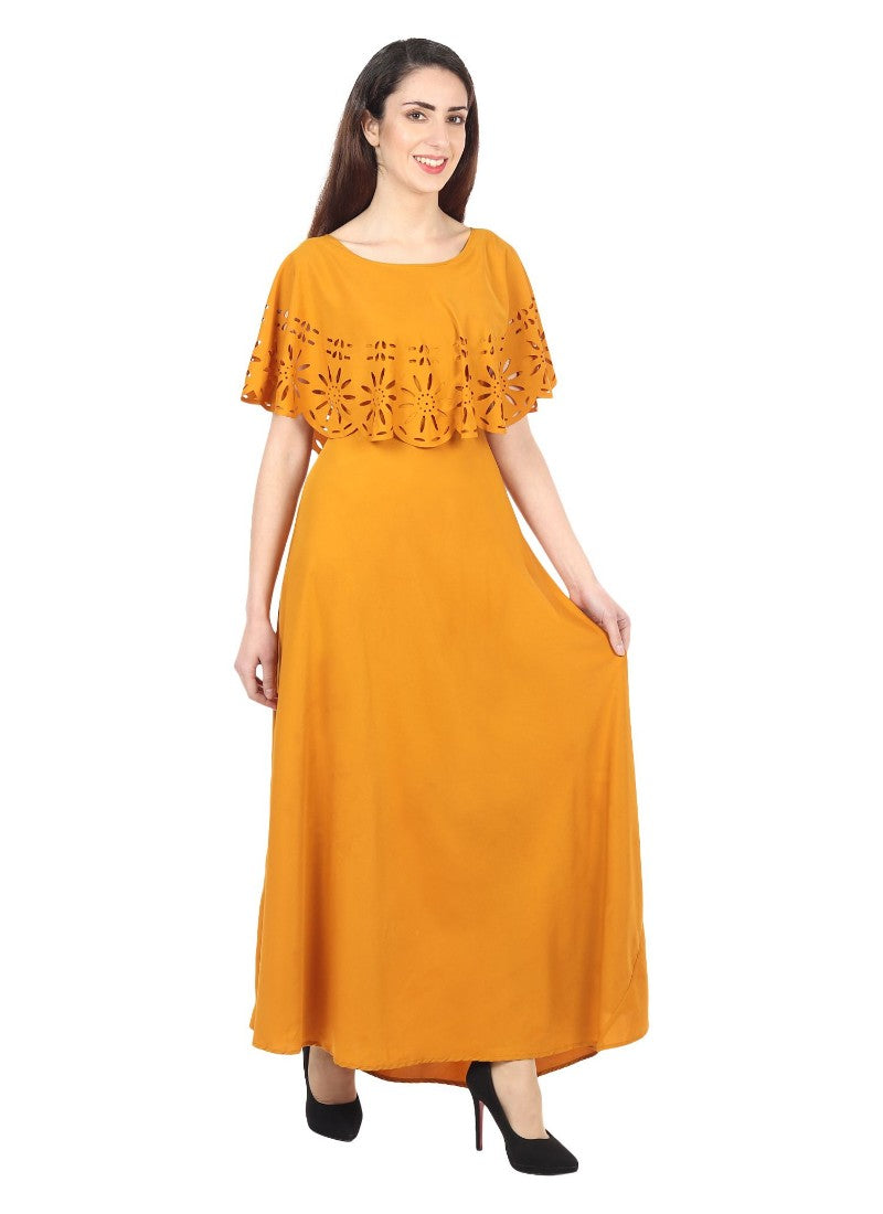 Women's Crepe Solid Sleeveless Full Length Gown(Yellow) - GillKart