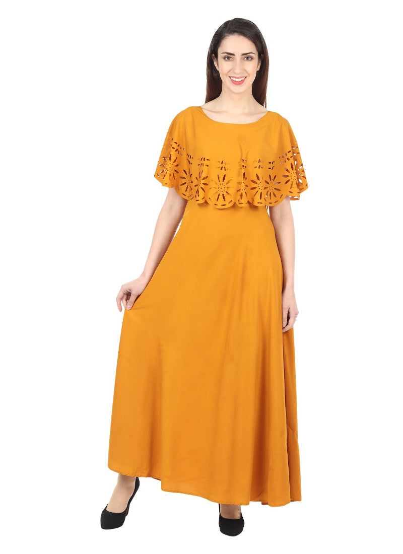 Women's Crepe Solid Sleeveless Full Length Gown(Yellow) - GillKart