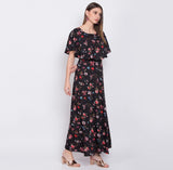 Women's Crepe Floral Half Sleeves Full Length Gown(Black) - GillKart