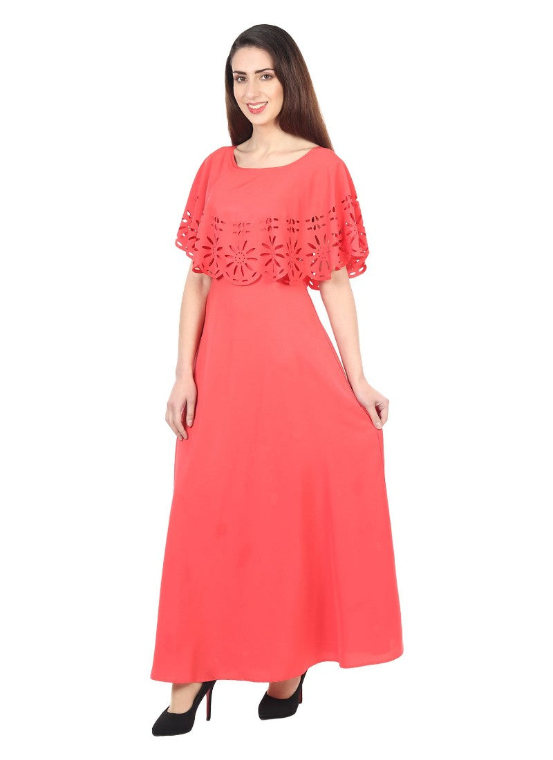 Women's Crepe Solid Sleeveless Full Length Gown(Red) - GillKart