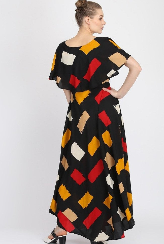 Women's crepe printed half sleeves full length gown, multi-colored pattern