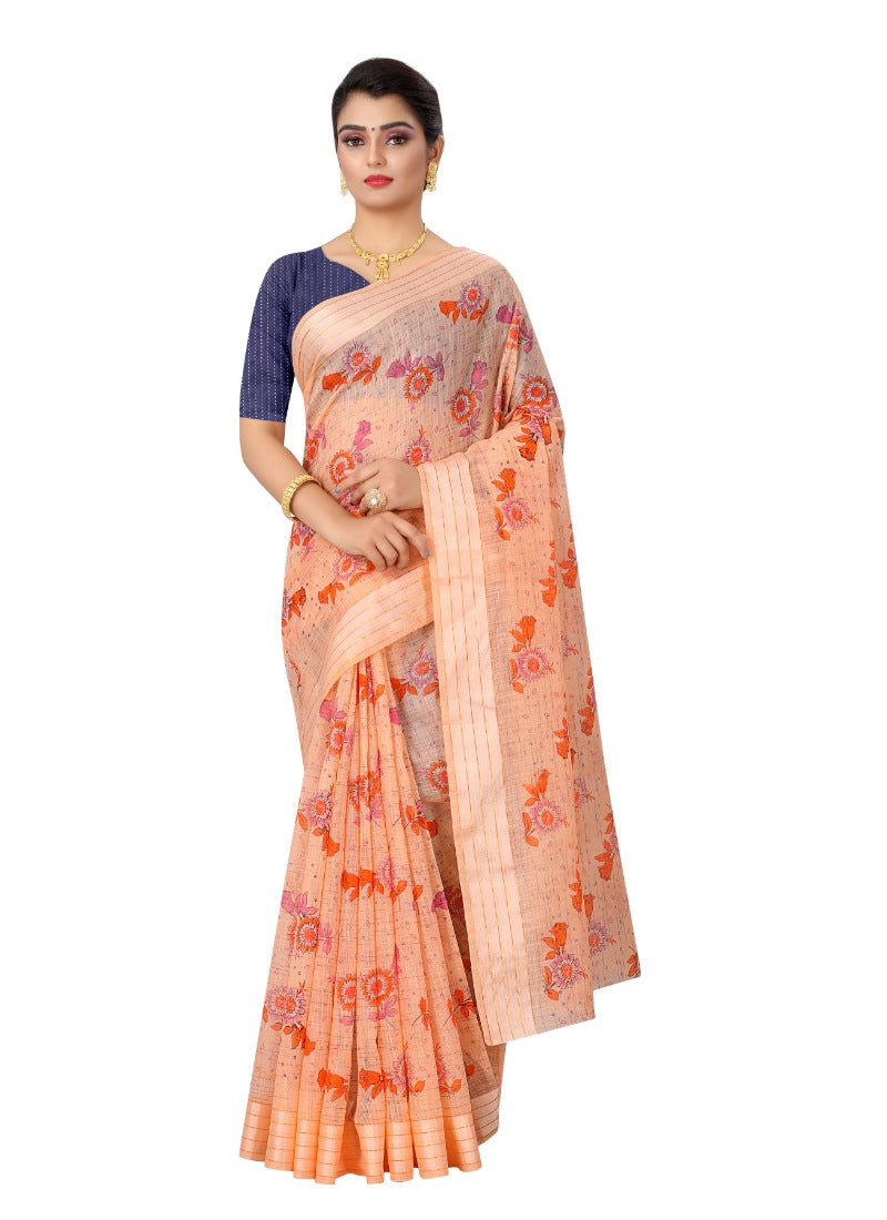 Women's Cotton Saree (Orange,5-6Mtrs) - GillKart