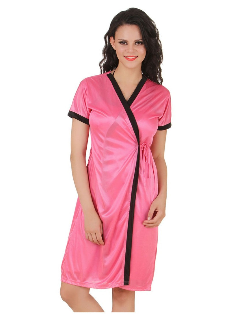 Women's Satin Short Wrap Gown with Half Sleeve(Color: Coral Pink, Neck Type: V Neck) - GillKart